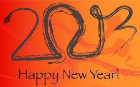 An image with “2013” written in a stylized snake design and the text “Happy New Year!” on an orange background.