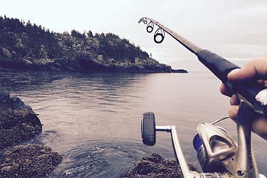 A person holds a fishing rod over a rocky shoreline, with calm water and a treeline on a distant landmass visible in the background.