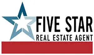 Logo of Five Star Real Estate Agent featuring a blue and white star on the left and the text "FIVE STAR REAL ESTATE AGENT" on the right, with a red horizontal bar beneath the text.