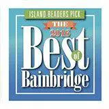 Island Readers Pick: The Best of Bainbridge 2016" sign in blue and green colors.