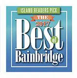 A teal square badge reading "Island Readers Pick The Best of Bainbridge 2017" with a green circle highlighting the word "of.