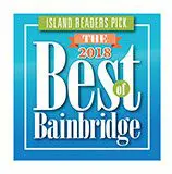 A graphic with a blue background and white text highlighting "The 2018 Best of Bainbridge Island Readers Pick" in green and yellow accents.