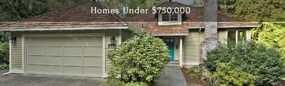 Single-story house with beige siding, green door, and attached two-car garage, surrounded by greenery. Text at the top reads "Homes Under $750,000.