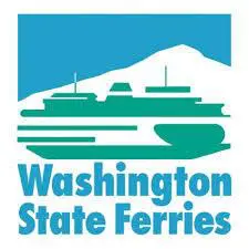 Logo of Washington State Ferries featuring a stylized ferry and a green mountain against a blue background, with the text "Washington State Ferries" at the bottom.