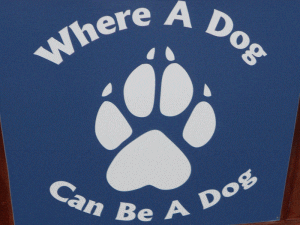 A sign with a white dog paw print on a blue background and the words "Where A Dog Can Be A Dog" displayed around it.