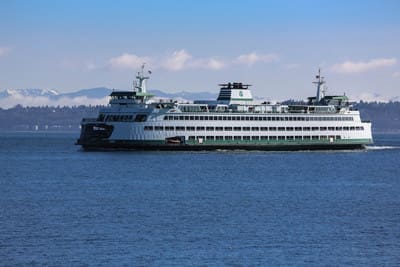 A large white and green ferry boat sails on a body of water with a distant shoreline and mountains in the background under a blue sky.