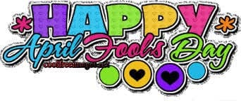 Colorful text reading "Happy April Fools Day" with stars and hearts, followed by the website "coolfreeimages.net".