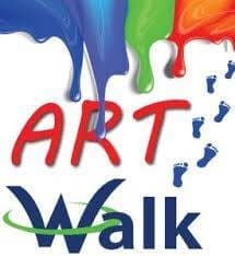 A logo featuring the words "ART Walk" with colorful paint splashes and blue footprints.