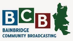 Logo of Bainbridge Community Broadcasting. The abbreviation 'BCB' is shown with each letter in a separate colored square, next to the organization's name and a green outline of Bainbridge Island.