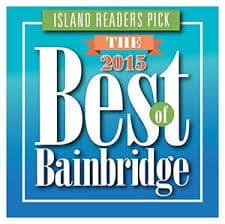 A teal and blue graphic reads "Island Readers Pick The Best of Bainbridge 2015" with stylized text and a banner.