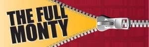 Text "The Full Monty" with a graphic of a zipper partially unzipped, revealing the text against a yellow background while the rest of the image is red.