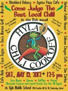 Poster for the 15th annual Hyla Chili Cook Off on May 19, 2012, from 12-5 PM at Hyla Middle School, Bainbridge Island, WA, featuring live music, games, raffles, and a jumping castle for kids.