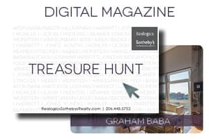 Advertisement for a "Digital Magazine" titled "Treasure Hunt" by Realogics Sotheby's. It includes their website, phone number, and features a room with large windows showcasing a scenic view.