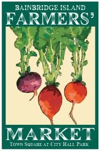 Poster for Bainbridge Island Farmers' Market showing three root vegetables. Text reads: "Bainbridge Island Farmers' Market, Town Square at City Hall Park.