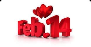 Image of the text "Feb. 14" in red with three red hearts above it, signifying Valentine's Day.