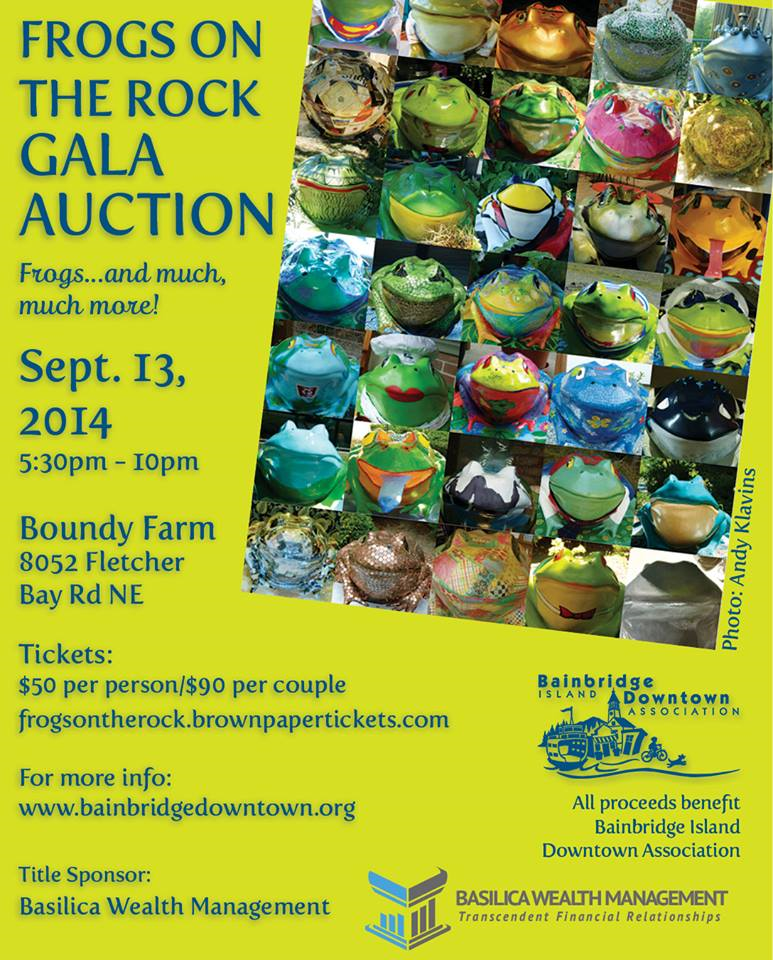 A promotional poster for "Frogs on the Rock Gala Auction" on Sept. 13, 2014, at Boundy Farm featuring various decorated frog images. Tickets cost $50 per person. Proceeds benefit Bainbridge Island Downtown Association.