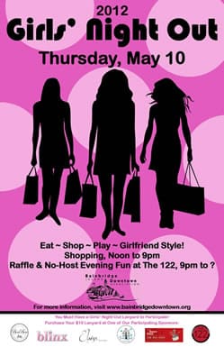 A poster for "Girls' Night Out" on May 10, 2012. Event includes shopping from noon to 9 pm, and an evening raffle and no-host fun at The 122 from 9 pm onward.