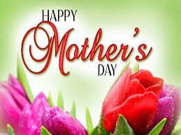 Happy Mother's Day" written in red and black text, with a background of red and purple flowers on a green gradient backdrop.