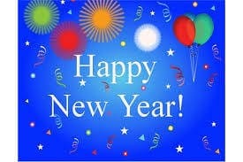 Blue background with colorful fireworks and balloons, featuring the text "Happy New Year!" in white letters.