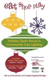 Flyer for Holiday Open House and Community Tree Lighting on Nov 24. Event starts at 10:00 AM, tree lighting at 5:00 PM in Downtown. Details and sponsors mentioned.