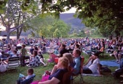 A large group of people sit on the grass in a park, many on blankets and lawn chairs, under the shade of trees with a mountainous landscape in the background.