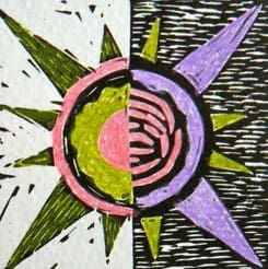 A geometric design features a sun-like symbol split into two halves: one side has a green and pink circle on a white background, the other has a purple and black scheme on a dark background.