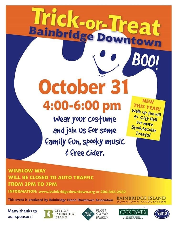 Poster for Trick-or-Treat event in Bainbridge Downtown on October 31 from 4:00-6:00 PM. Event includes costumes, family fun, spooky music, free cider, and new activities at City Hall. Winslow Way closed.