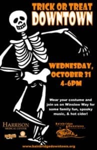 Flyer for a Trick or Treat Downtown event on Wednesday, October 31 from 4-6 PM, featuring a skeleton graphic and event details, including costume wearing and activities like spooky music and hot cider.