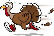 Cartoon of a turkey wearing a headband and red sneakers, running away while sweating. Two drumsticks fall behind it.