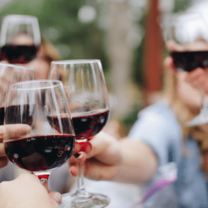 A group of people toasting with glasses of red wine outdoors.