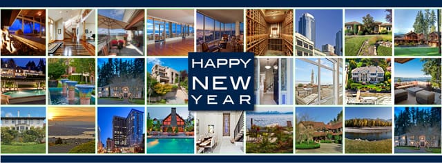 A collage of 20 houses and scenic outdoor spaces surrounds a central text reading "Happy New Year.