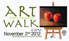 Flyer for an art walk event on November 2nd, 2012, at Bainbridge Island, Downtown Winslow. Includes an image of two apples on an easel. Event time: 6-8 PM.