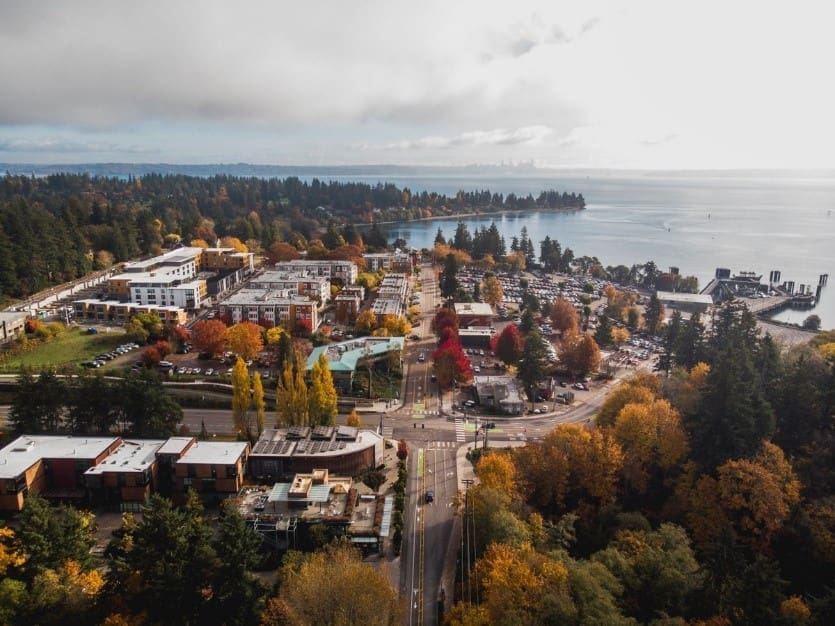 bipic-1 Aerial view of a town with large clusters of buildings, roads with vehicles, and numerous trees displaying autumn foliage. The scene extends towards a waterfront bordered by a forested area.