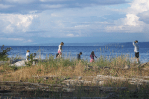 A group of children walks along a grassy shoreline with the blue sea and cloudy sky in the background. Logs are scattered in the foreground.