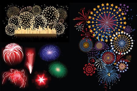 A vibrant display of various colorful fireworks illuminating a dark sky with bursts of red, blue, green, and gold patterns and shapes.