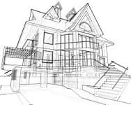 Black and white architectural sketch of a multi-story house with large windows, multiple gables, and a staircase leading to the entrance.