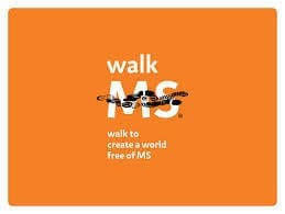 Orange background with text "walk MS" and "walk to create a world free of MS" in white. A shoeprint graphic crosses the letters "MS.