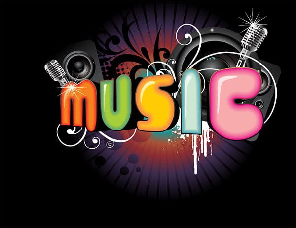 Colorful "MUSIC" text with microphones, speakers, and abstract designs on a black background.