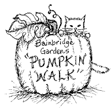 Black and white illustration of a cat peeking out from behind a large pumpkin with text reading "Bainbridge Gardens Pumpkin Walk.