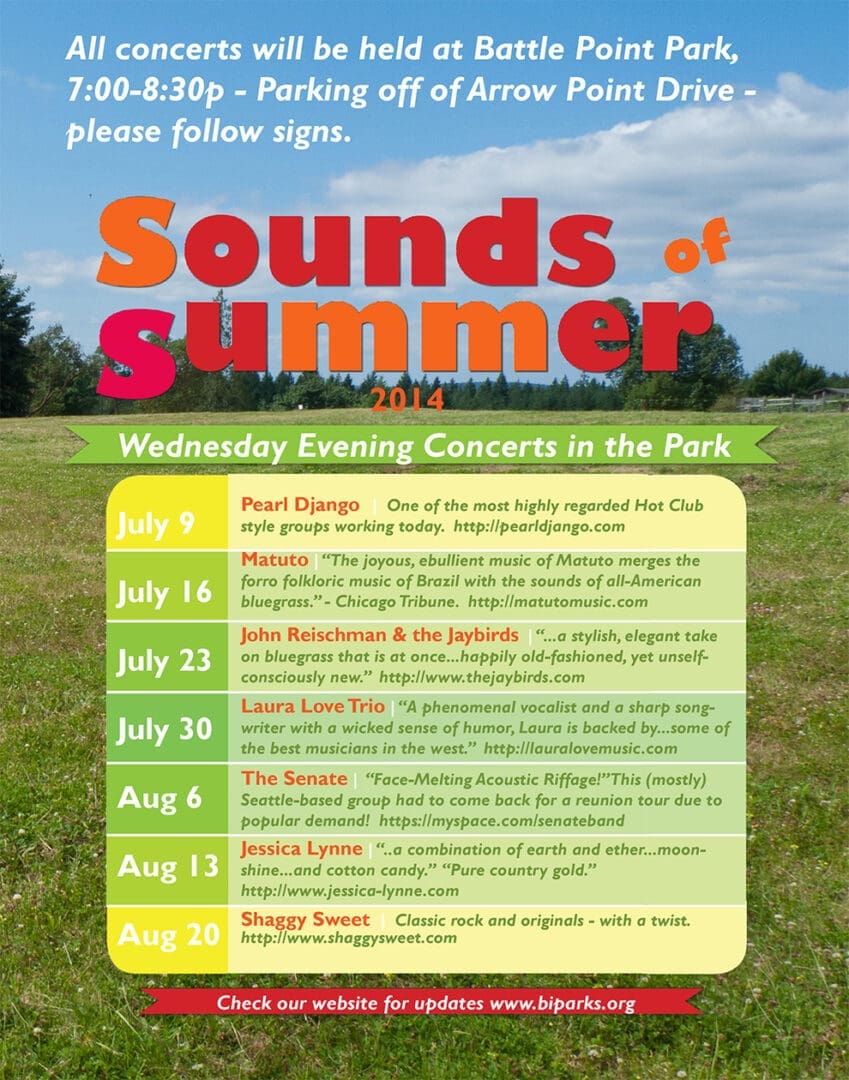 Poster for "Sounds of Summer 2014" featuring Wednesday evening concerts in Battle Point Park. Performers and dates listed from June 19 to August 20, with times and additional event details.