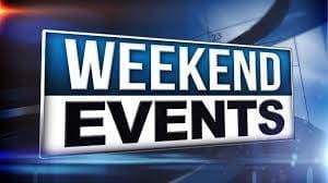 A graphic with the words "WEEKEND EVENTS" displayed in bold, white capital letters against a blue and black background.