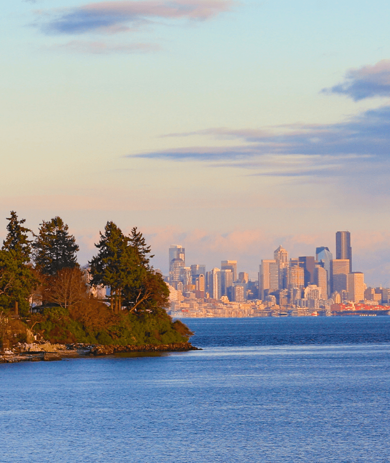 Skyline of a city with tall buildings viewed across a body of water, with trees and greenery in the foreground.