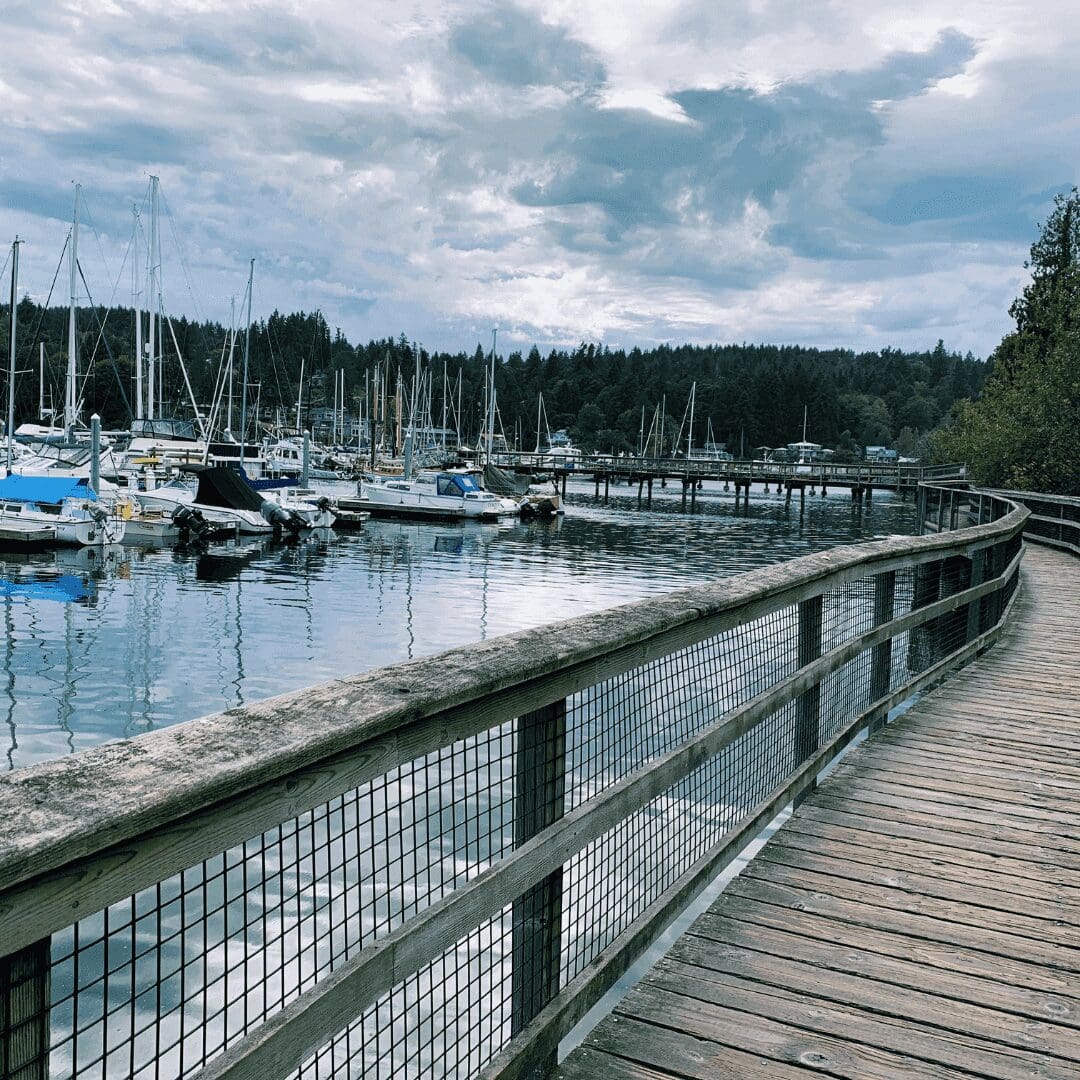 Wooden boardwalk with a wire fence curves beside a marina filled with docked sailboats and yachts, under a cloudy sky and surrounded by trees.