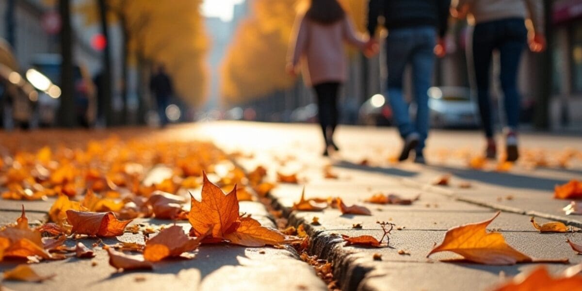 Close-up of fallen autumn leaves on a city sidewalk, with three people walking away in the background on a sunny day.