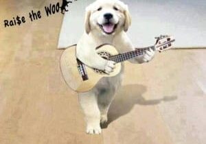 A standing dog smiles while holding a guitar with text above reading "Raise the Woof.