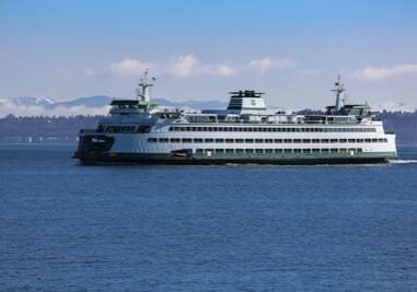 A large white and green ferry boat sails on a body of water with a distant shoreline and mountains in the background under a blue sky.