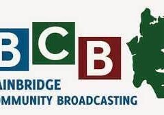 Logo of Bainbridge Community Broadcasting. The abbreviation 'BCB' is shown with each letter in a separate colored square, next to the organization's name and a green outline of Bainbridge Island.