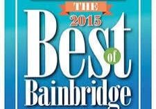 A teal and blue graphic reads "Island Readers Pick The Best of Bainbridge 2015" with stylized text and a banner.