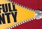 Text "The Full Monty" with a graphic of a zipper partially unzipped, revealing the text against a yellow background while the rest of the image is red.