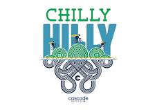 Logo for the "Chilly Hilly" event by Cascade Bicycle Club, featuring two cyclists on green hills above a stylized octopus design.